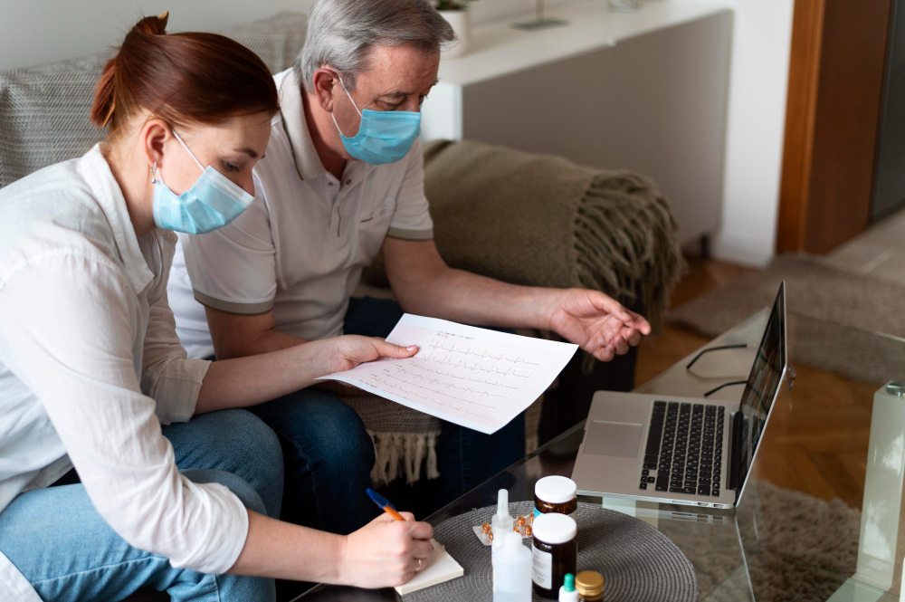 Medium shot people wearing masks indoors